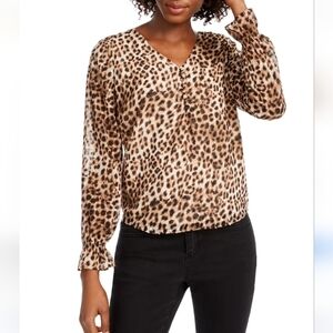MAISON JULES Women's Brown Black Animal Print V- Neck Long Sleeve Blouse Sz XL